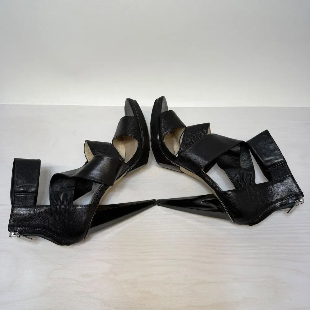 MICHAEL MICHAEL KORS Jennings Black Leather Platform High Heel‎ Sandals 9M